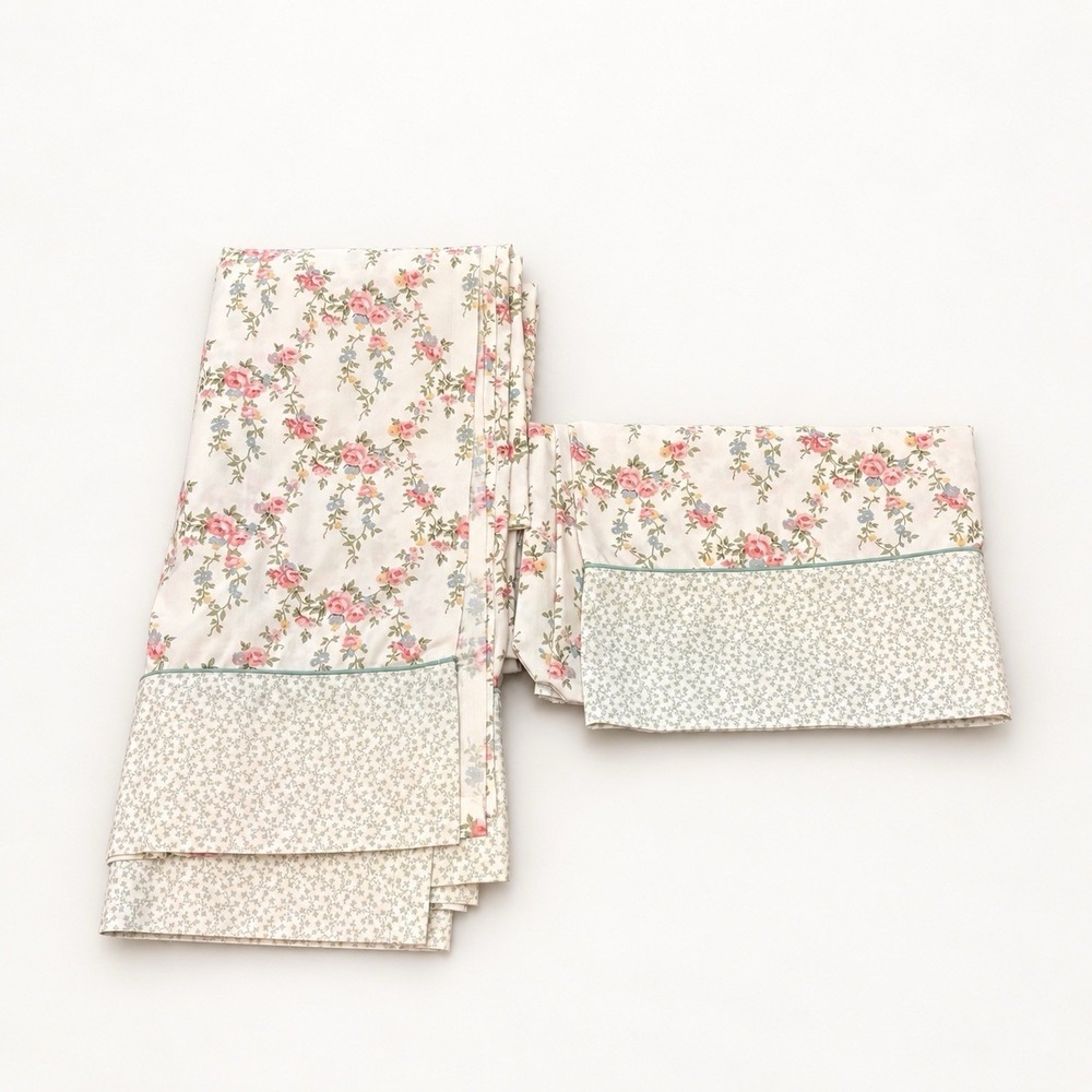 Vintage Laura Ashley Twin Flat Sheet & Pillowcase Pink Floral Green Border USA